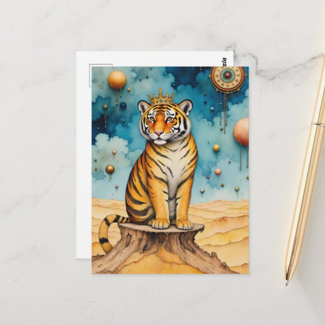 Beautiful Cute Tiger in a Gold Crown Postkarte (Vorderseite/Rückseite Beispiel)