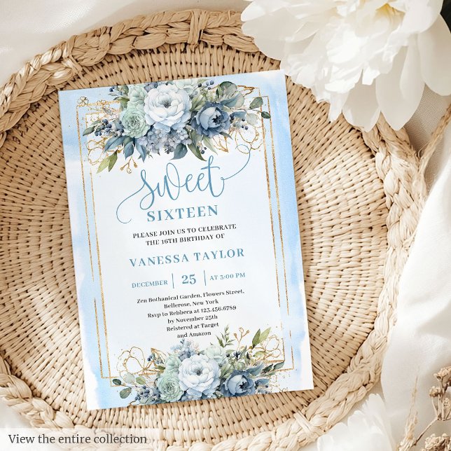 Beautiful Dusty Blue White Gold Blume Sweet 16 Einladung (Beautiful Dusty Blue White Gold Flowers Sweet 16 Invitation)