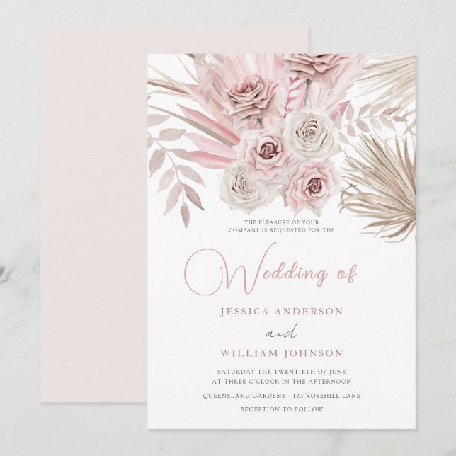 Beautiful Dusty Rose & Blush Ivory Boho Wedding Einladung (Vorne/Hinten)