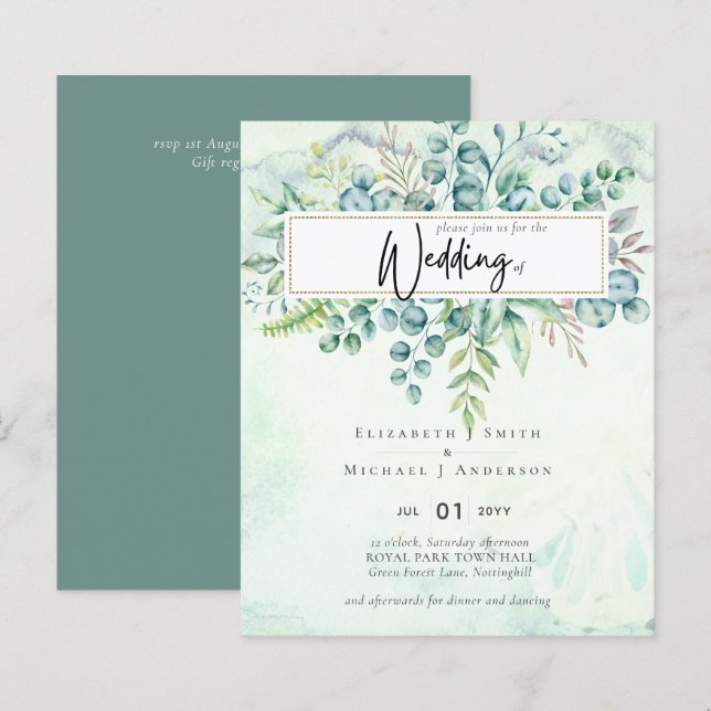 Beautiful Dusty Sage Eucalyptus BUDGET Einladung (Vorne/Hinten)