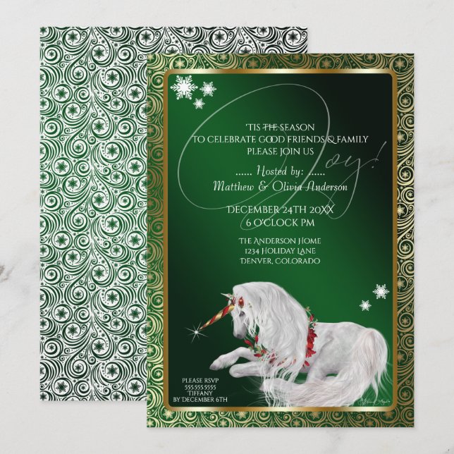 Beautiful Fantasy Christmas Unicorn Joy Green Einladung (Vorne/Hinten)
