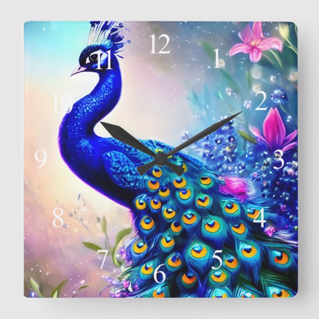 Beautiful Fantasy Peacock Quadratische Wanduhr (Vorderseite)