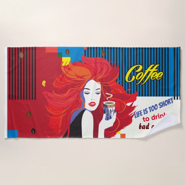 "Beautiful Fashion Woman and Coffee Cup" POP ART Strandtuch (Vorderseite)