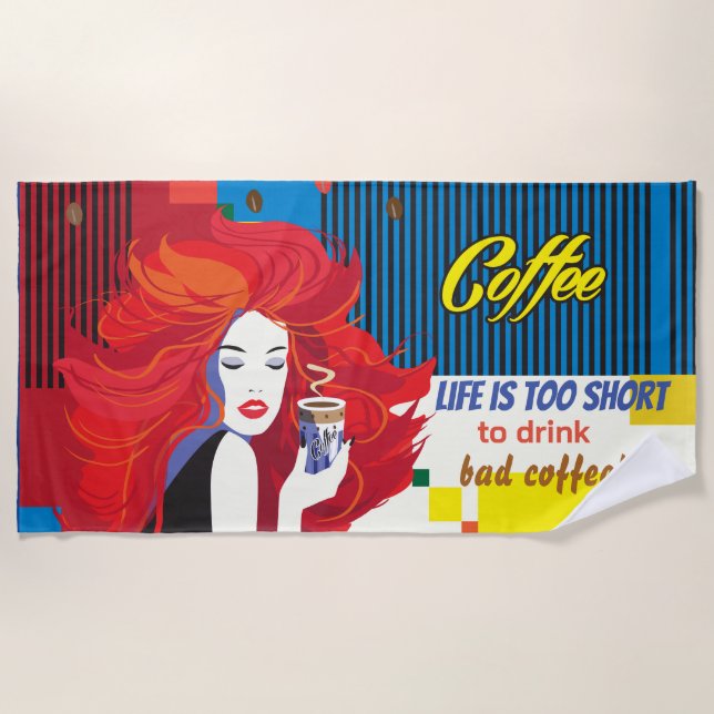 "Beautiful Fashion Woman and Coffee Cup" POP ART Strandtuch (Vorderseite)