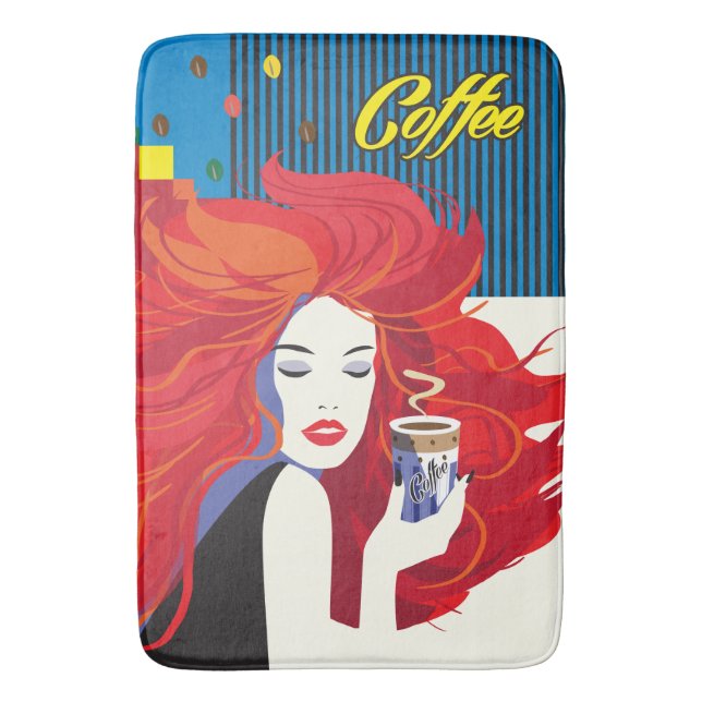 "Beautiful Fashion Woman with Coffee Cup" Pop Art Badematte (Vorderseite Vertikal)