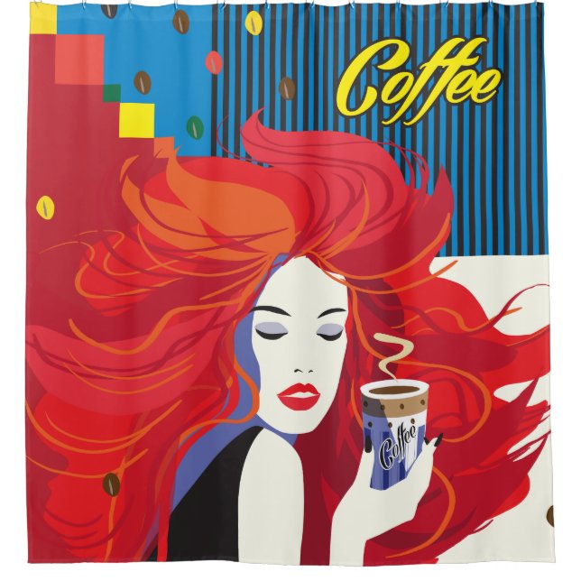 "Beautiful Fashion Woman with Coffee Cup" Pop Art Duschvorhang (Vorderseite)
