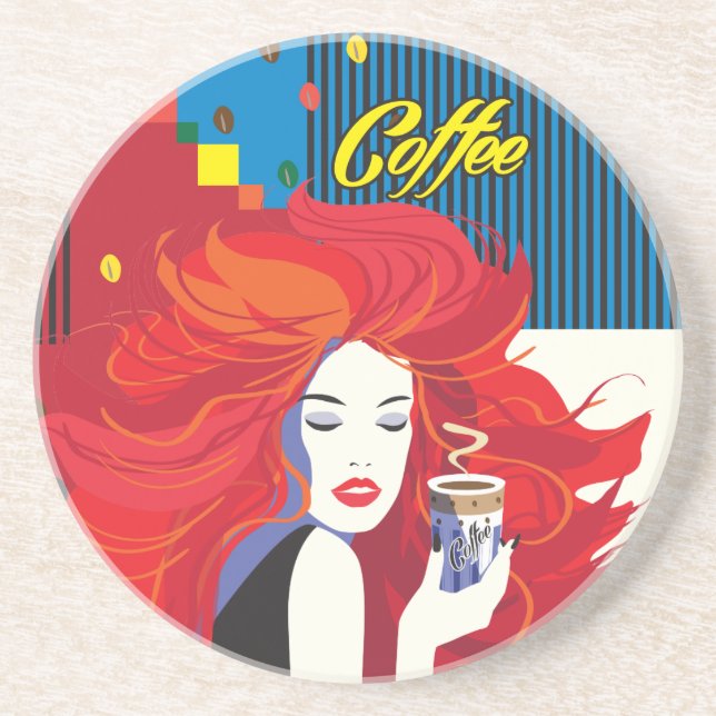 "Beautiful Fashion Woman with Coffee Cup" Pop Art Getränkeuntersetzer (Vorne)