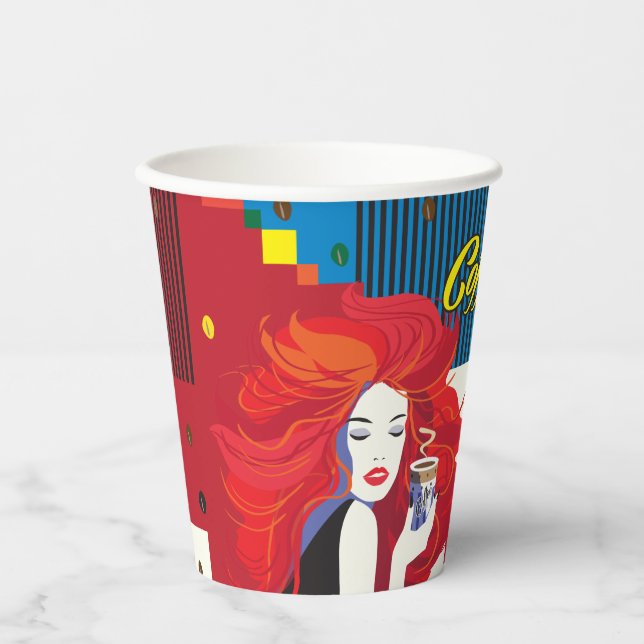 "Beautiful Fashion Woman with Coffee Cup" Pop Art Pappbecher (Vorderseite)