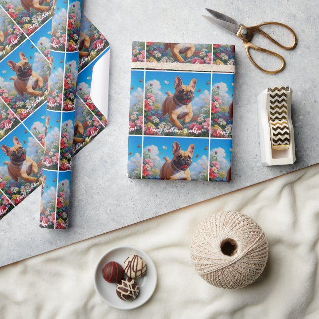Beautiful Fawn French Bulldog & Blume Geschenkpapier (Kunsthandwerk)