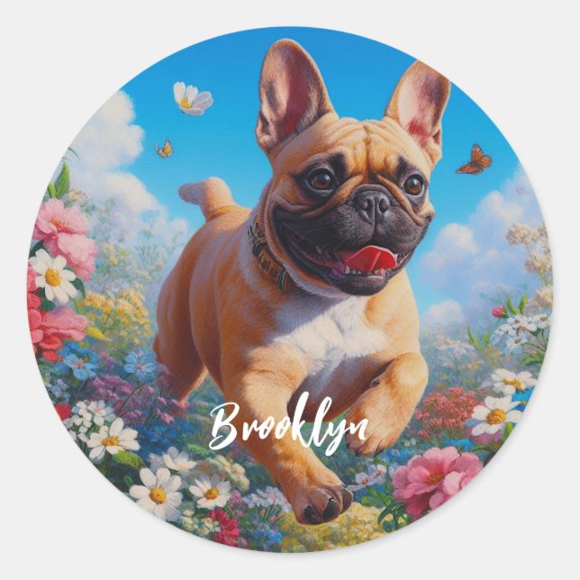 Beautiful Fawn French Bulldog & Blume Runder Aufkleber (Vorderseite)