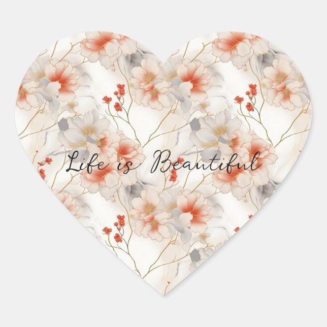 Beautiful Feminine Peach Red White Floral Herz-Aufkleber (Vorderseite)