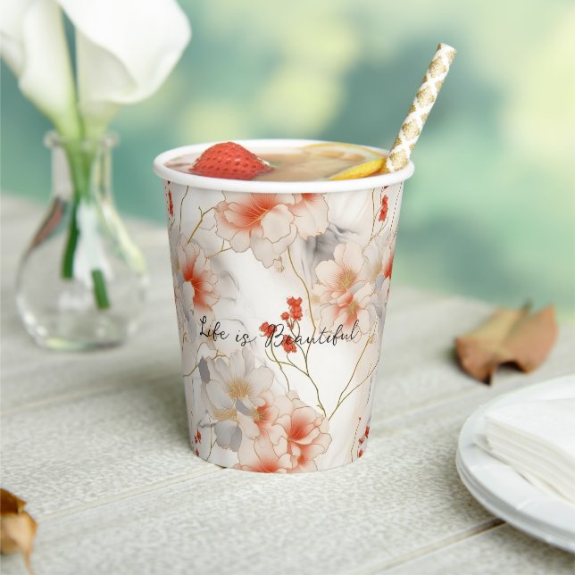Beautiful Feminine Peach Red White Floral Pappbecher (In Situ)