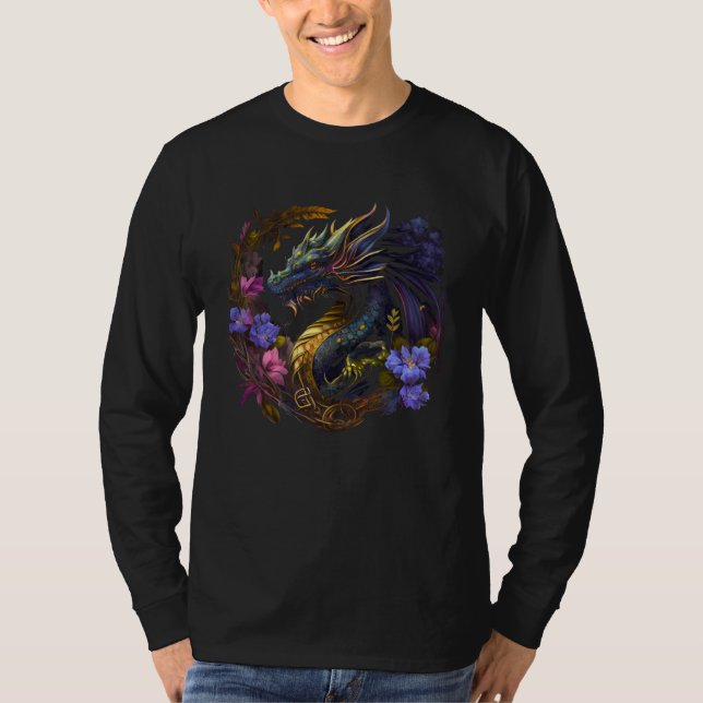 Beautiful Floral Dragon  Fantasy Cool Fun Flowers T-Shirt (Vorderseite)