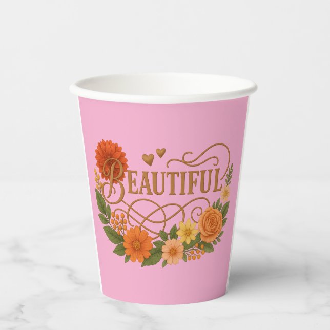 Beautiful Floral Paper Cup | Elegant Gold & Orange Pappbecher (Vorderseite)
