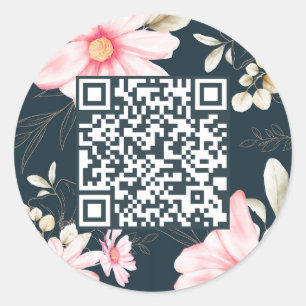 Beautiful Floral QR Code Dunkelblau Runder Aufkleber