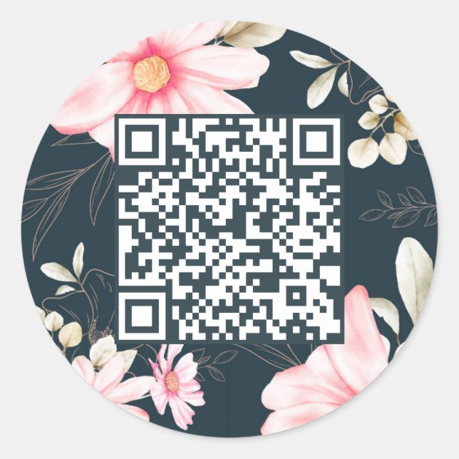 Beautiful Floral QR Code Dunkelblau Runder Aufkleber (Vorderseite)