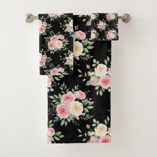 Beautiful Flowers in Pastel Color on Black Badhandtuch Set