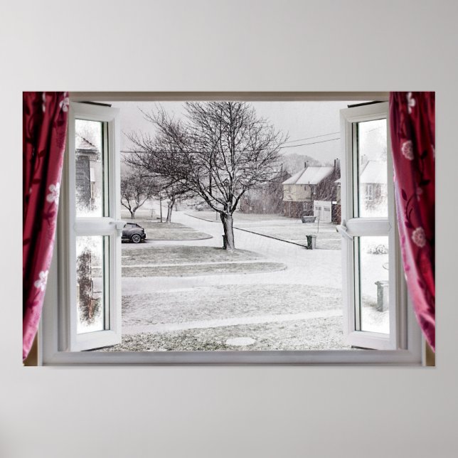 Beautiful frozen lake scene through an open window poster (Vorne)