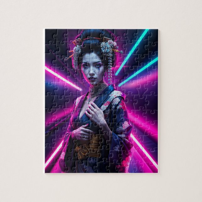 Beautiful Geisha Puzzle with Neon Background - Ele (Vertikal)