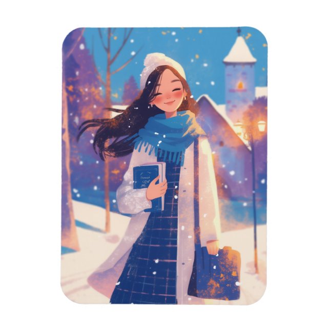 Beautiful Girl Walking on Winter Street Magnet (Vertikal)