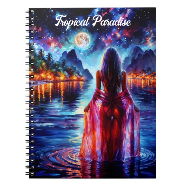 Beautiful girl watching glowing night water notizblock (Vorderseite)