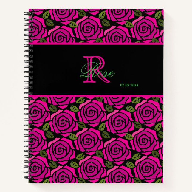 Beautiful Girly Hot Pink Roses Name Monogram  Notizbuch (Vorderseite)