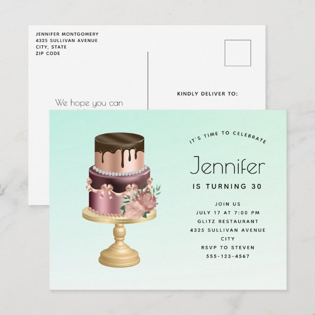 Beautiful Glam Party Cake Geburtstag Einladungspostkarte (Vorne/Hinten)