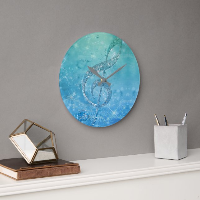 Beautiful Glittery Blue Musiknote Treble Clef Große Wanduhr (Büro)