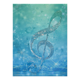 Beautiful Glittery Blue Musiknote Treble Clef Poster