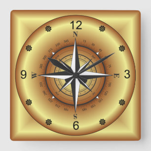 Beautiful Gold & Black Compass Rose ~ Quadratische Wanduhr