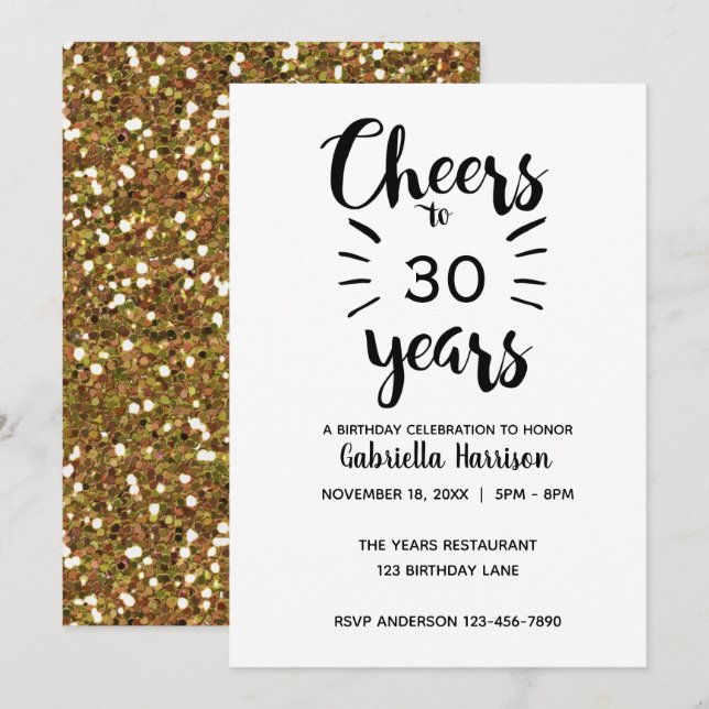 Beautiful Gold Glitzer Cheers to 30 Years Einladung (Vorne/Hinten)