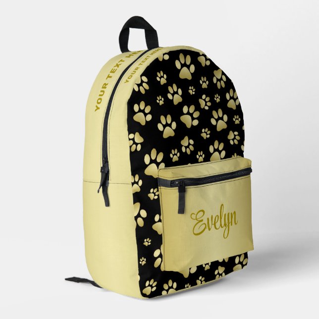 Beautiful Golden Paws Prints on Black Background  Bedruckter Rucksack (Rückseitige Ecke links)