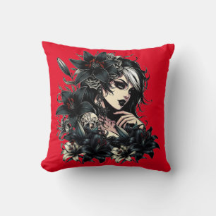 Beautiful Goth Girl Black Lilly Blume Art Kissen