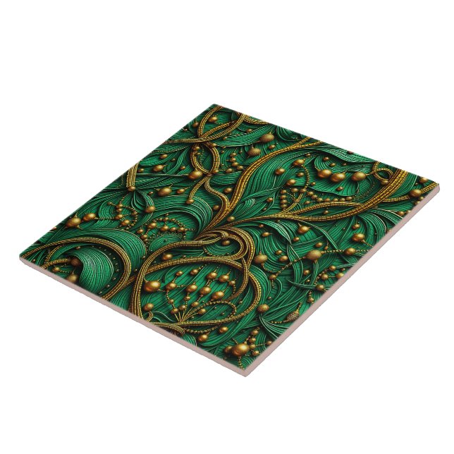 Beautiful Green & Gold Floral and Beads Abstract Fliese (Seite)