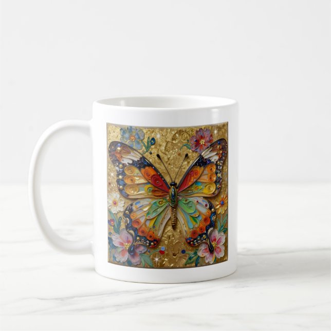Beautiful Impasto Butterflies and Flowers Poem Kaffeetasse (Links)