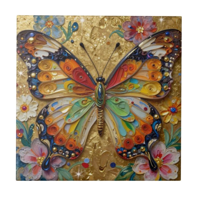 Beautiful Impasto Butterfly and Flowers   Fliese (Vorderseite)