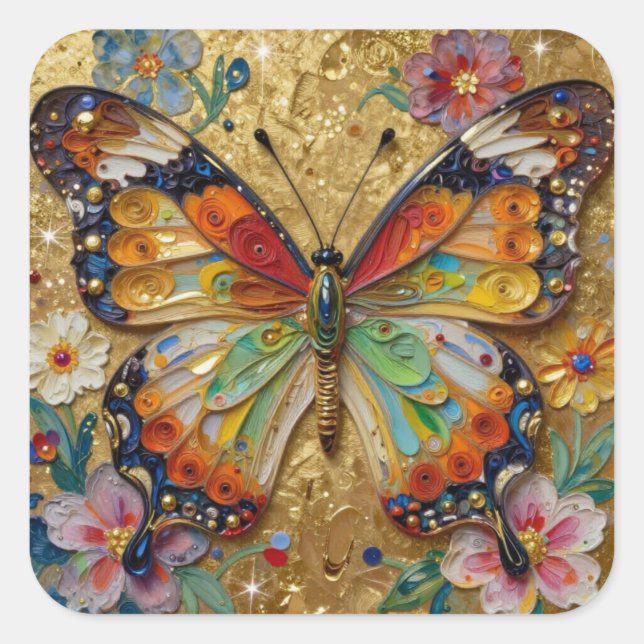 Beautiful Impasto Butterfly and Flowers   Quadratischer Aufkleber (Vorderseite)