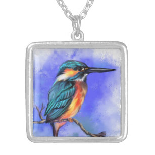 Beautiful Kingfisher Bird - Migne Wasserfarbe Kuns Versilberte Kette