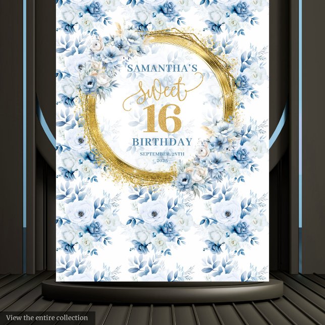 Beautiful Light Blue Sweet 16 Gold Glitzer Banner Wandteppich (Beautiful Light Blue Sweet 16 Gold Glitter Banner Tapestry )
