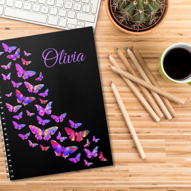 Beautiful Lila Butterfly Pop Art Olivia Name Notizblock (Modern stylish custom name notebook pink & purple butterfly pattern black with elegant typography )