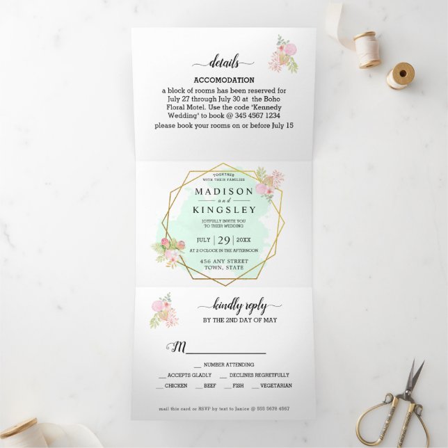 Beautiful Lime Green 💚 Elegant Boho Wedding Dreifach Gefaltete Einladung (Innenseite)