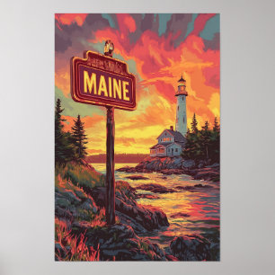 Beautiful Maine USA Vintag Illustration Travel Poster