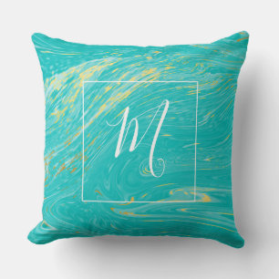 Beautiful Marble Gold Blue Elegantes Monogramm Kissen