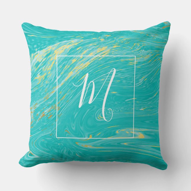 Beautiful Marble Gold Blue Elegantes Monogramm Kissen (Vorderseite)