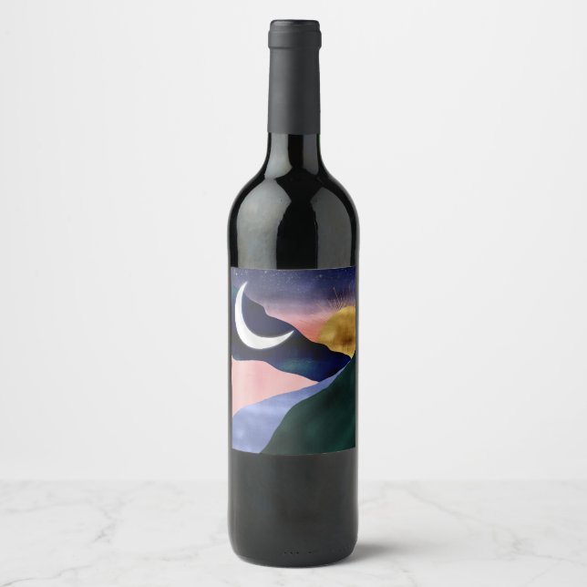 Beautiful Mountain River Moon Sunset Design Weinetikett (Vorderseite)