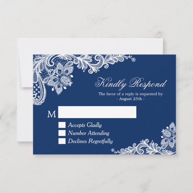 Beautiful Navy Blue Lace Wedding RSVP Antwort (Vorderseite)