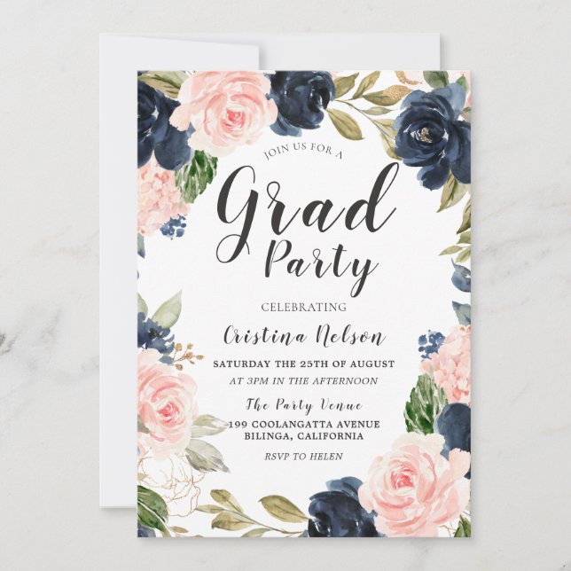 Beautiful Navy Blush Girls Grad Party Abschluss Einladung (Vorderseite)