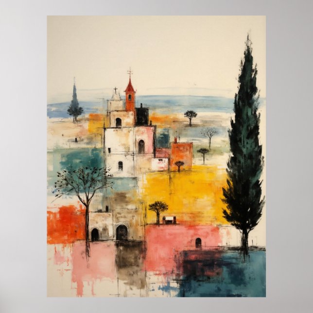 Beautiful Ochre Red  old small town painting Poster (Vorne)