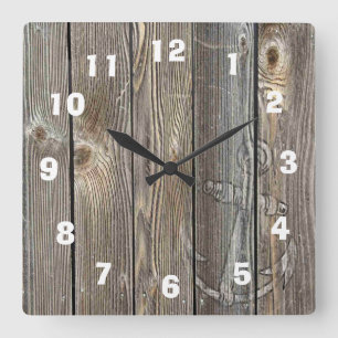 Beautiful Old Wood looking Clock with white Anchor Quadratische Wanduhr