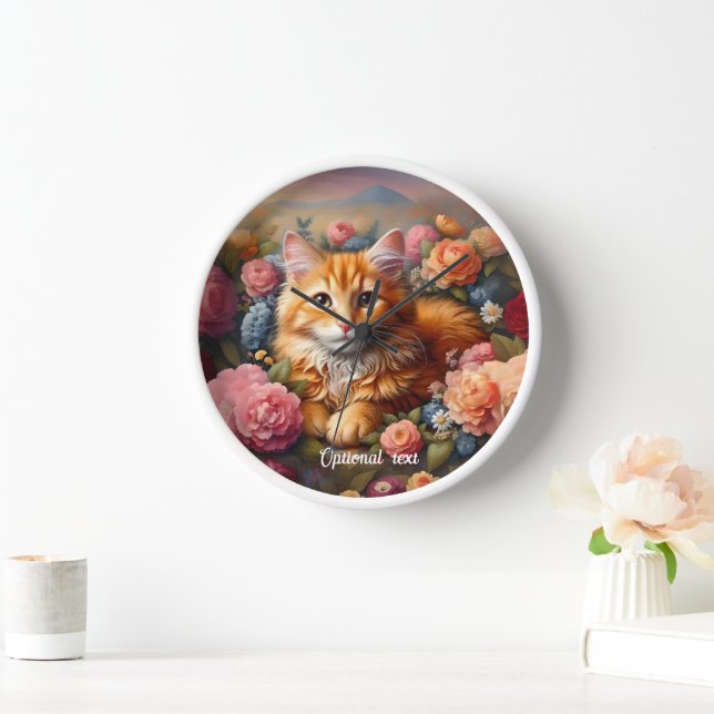 Beautiful Orange Tabby Cat und Blume Uhr (Zuhause)